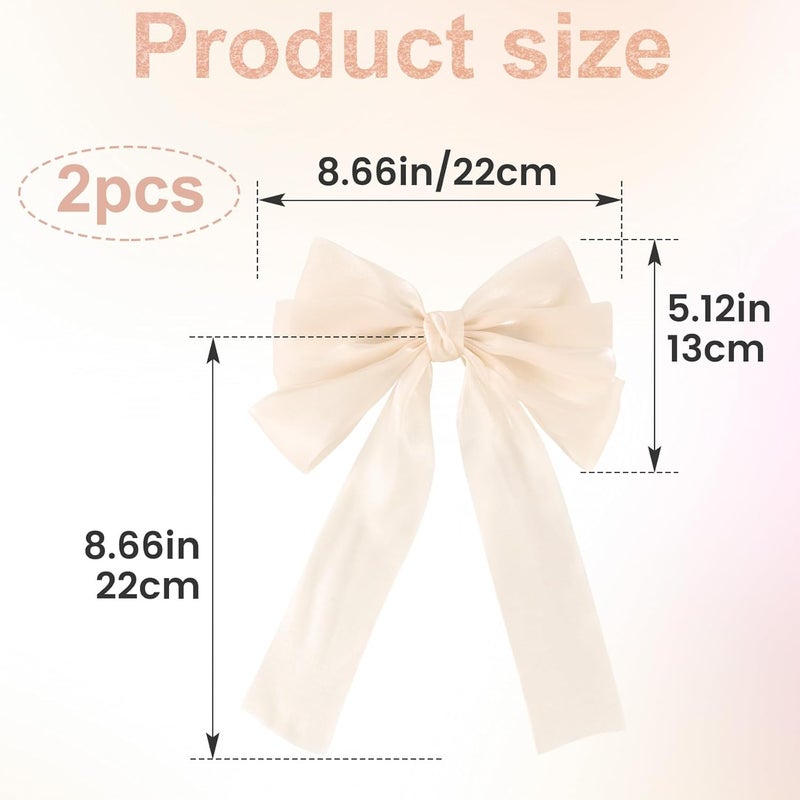 STSTR 2Pcs Large Hair Bow Clips, Beige Silk Yarn Ribbon Bow Hair Barrette for Women, Elegant Long Tail Bowknot French Accessories for Wedding, Parties, Festivals - Style 2 - Image 2